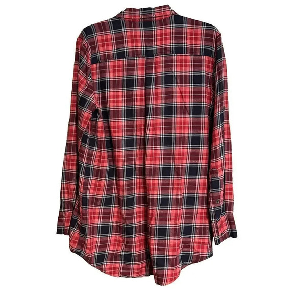 J CREW Pink and Navy Plaid Flannel Tunic with Gold Metallic Threads Size Medium - Picture 2 of 6